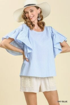Striped Ruffle Top -Vogue Store 32285 SKYBLUE l
